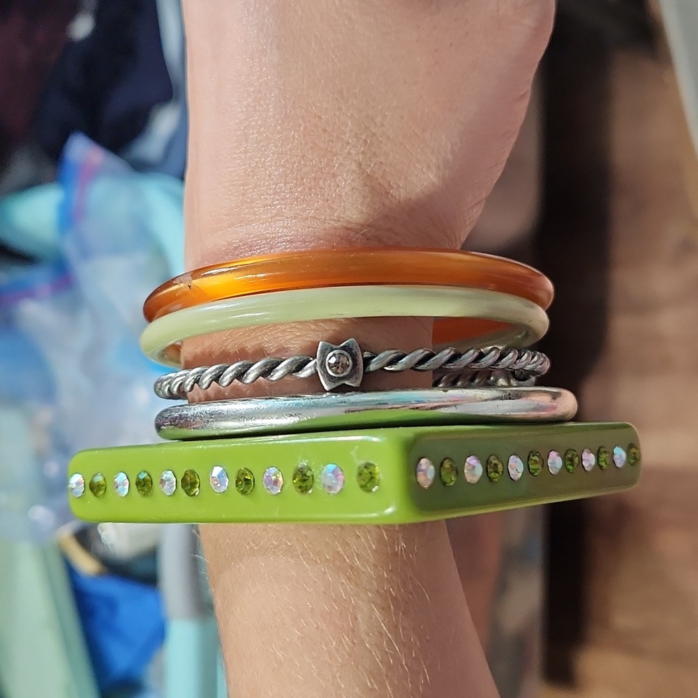 Vintage Lot of Bracelets Green, Amber, Silver